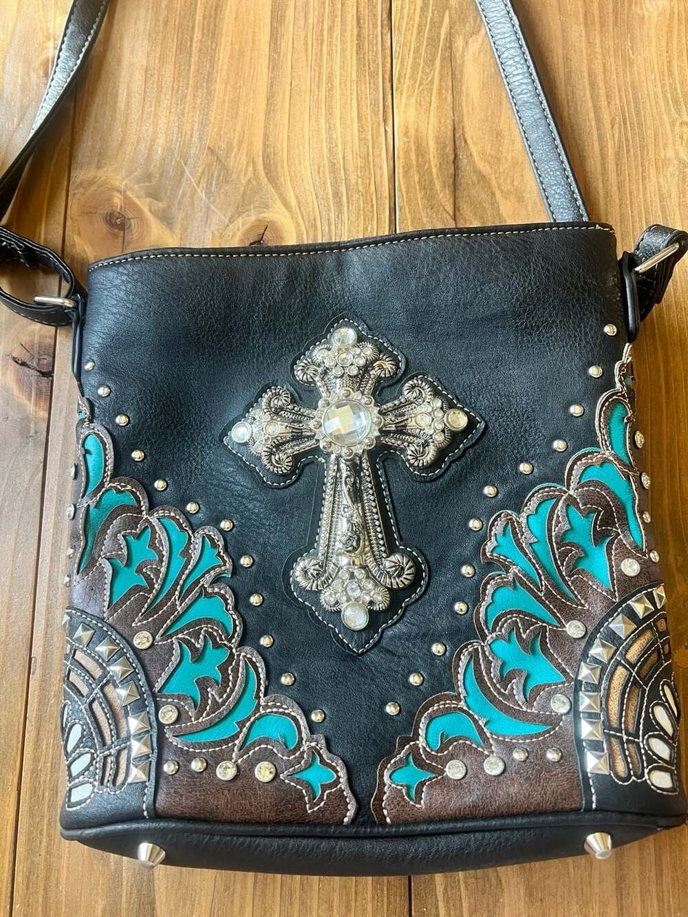 Justin West Western Crossbody Bag with Rhinestone Cross Turquoise Conceal Carry